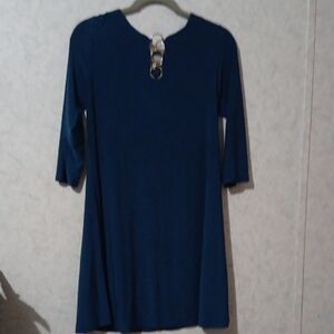 Blue Sheath Dress with 3/4 Sleeves and Crew Neck
